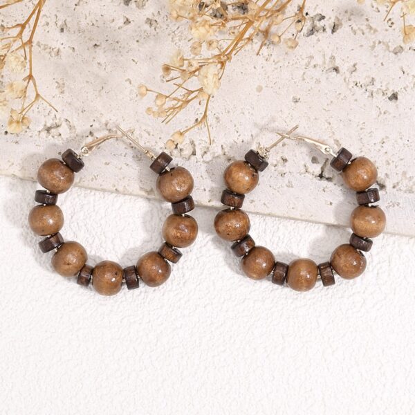 Korean Style Retro Graceful Personality High-grade Round Wooden Wooden Bead Beaded Ear Ring - Image 5