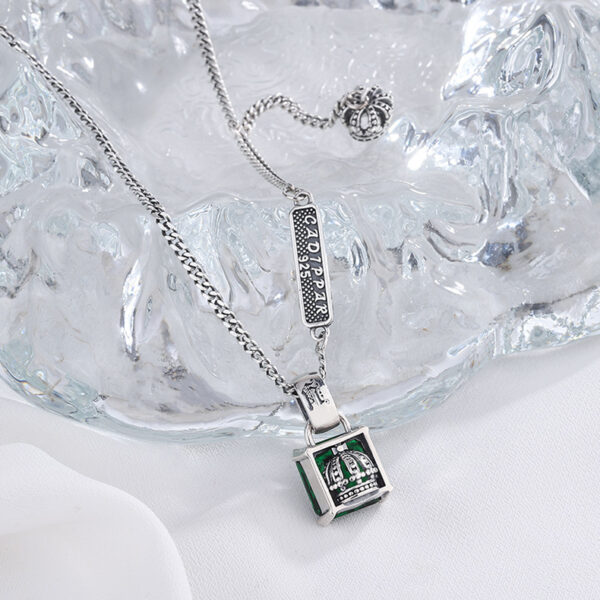 S925 Silver Emerald Necklace Women Retro Fashion Charm Crown Collar Chain Hip Hop Personality Sweater Chain - Image 4