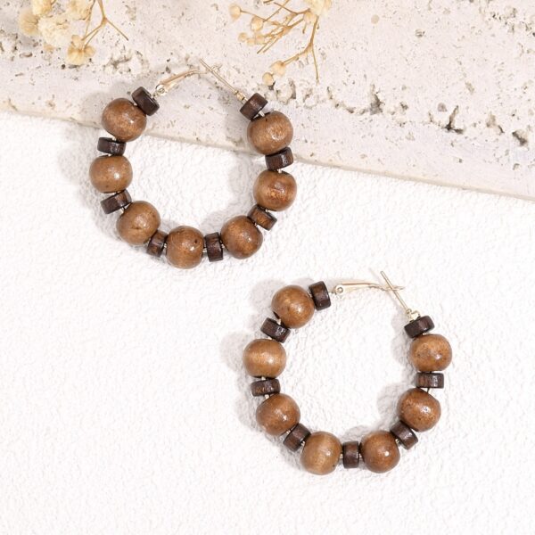 Korean Style Retro Graceful Personality High-grade Round Wooden Wooden Bead Beaded Ear Ring - Image 2