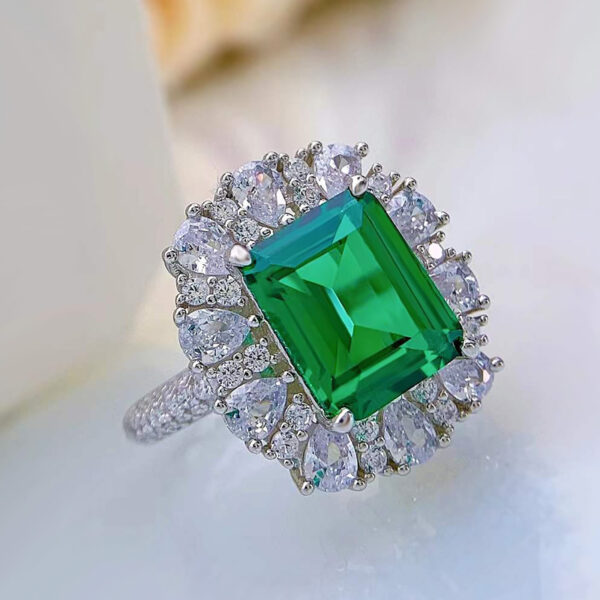 Women's Sterling Silver Temperamental Emerald Cut Inlaid High Carbon Rhinestone Ring - Image 5